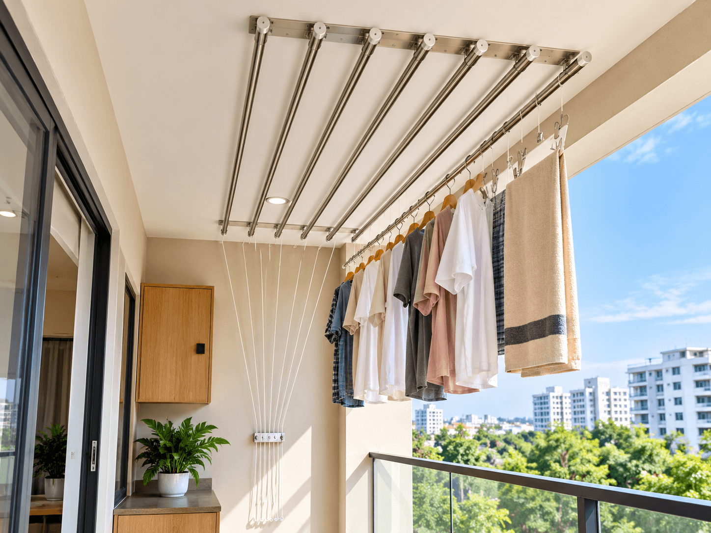 Installed ceiling cloth dryer with individual hanging rods